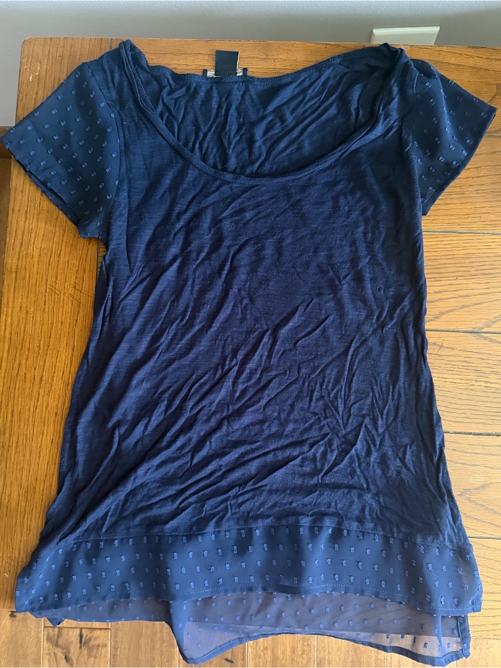 Lucky Brand Navy Scoop Neck Short Sleeve Tee with Sheer Dot Trim